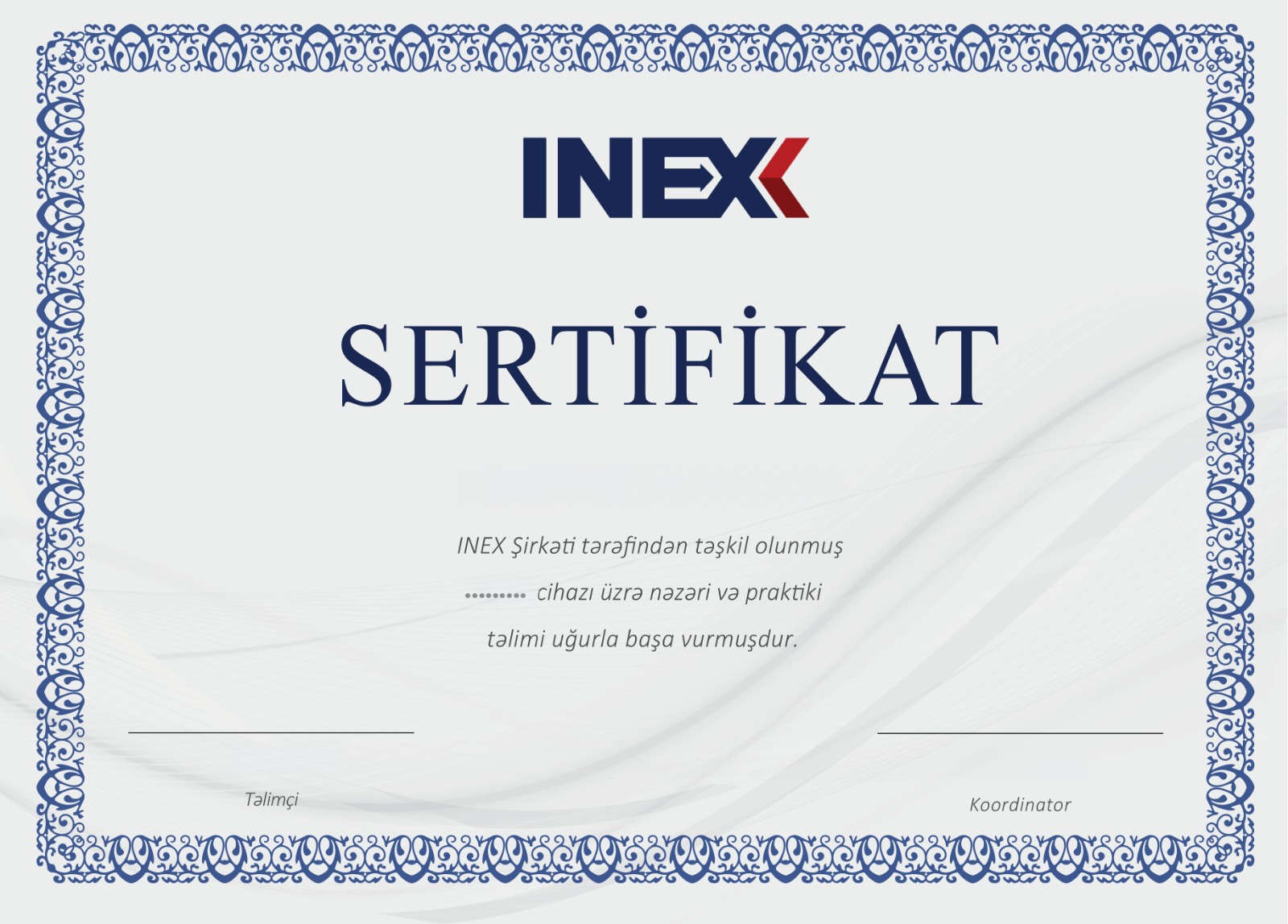 INEX sertifikatı nümunəsi